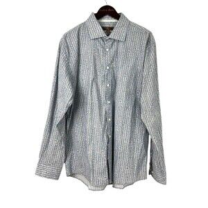 Pronto Uomo Men XXL Blue Tan Shirt Striped Floral Cotton Long Sleeve Button Up H